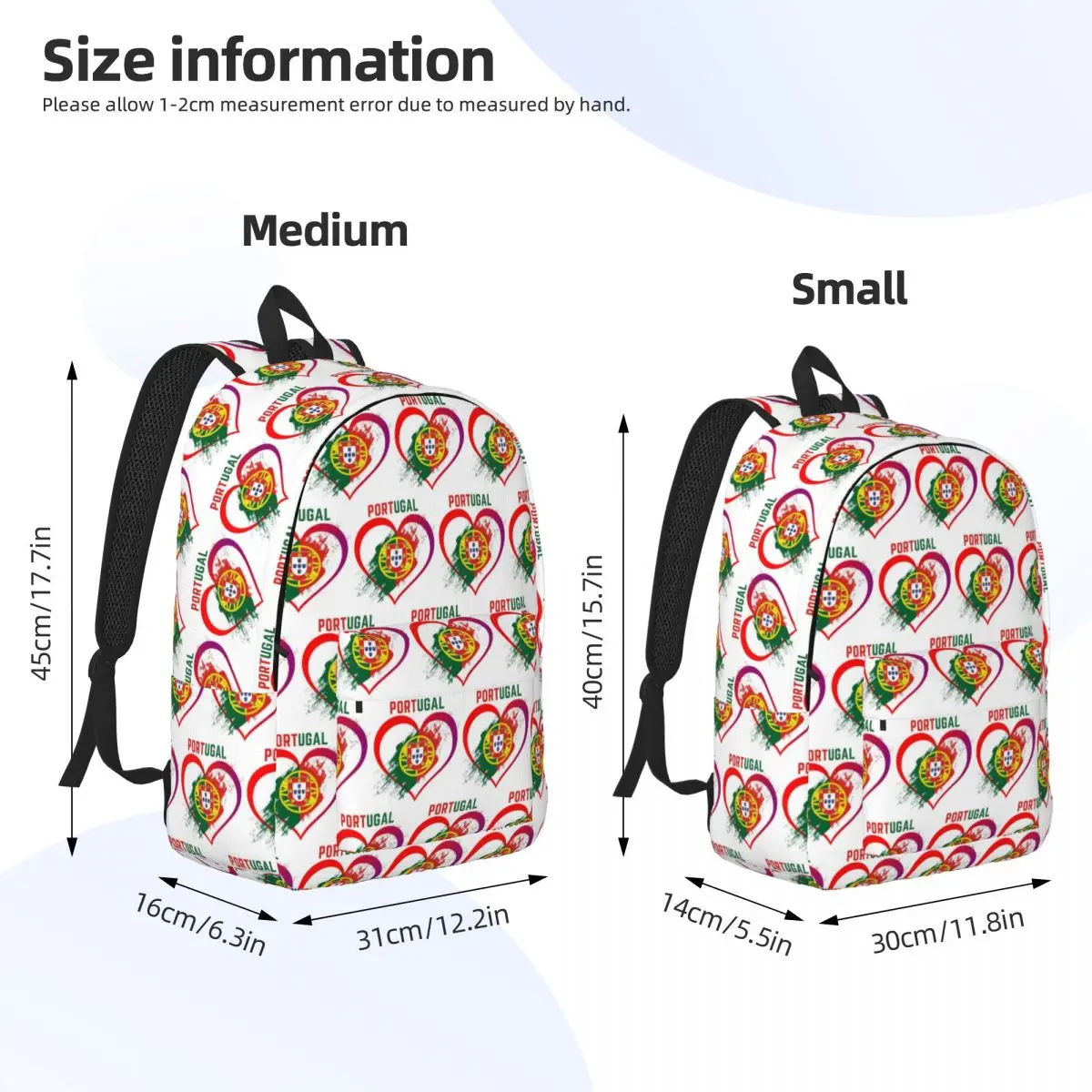 Portugal Heart Flag Love Design Backpack Daypack Large Capacity Children BookBag School Bag Shoulder Bags for Men Women
