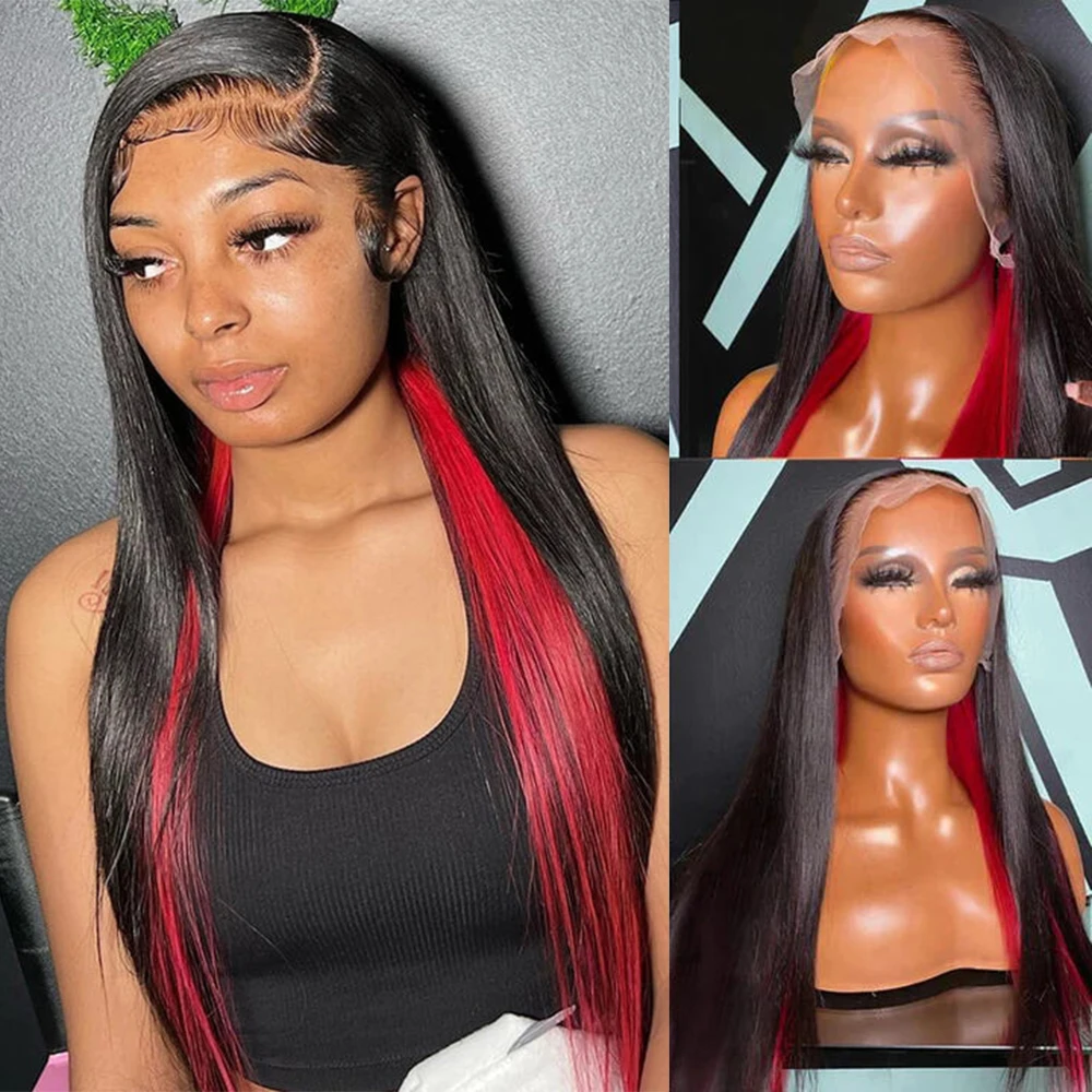 

FANXITION Black Inner Red Long Straight Synthetic Lace Front Wig Trend Inner Color Lace Frontal Wigs for Black Women Daily Wear