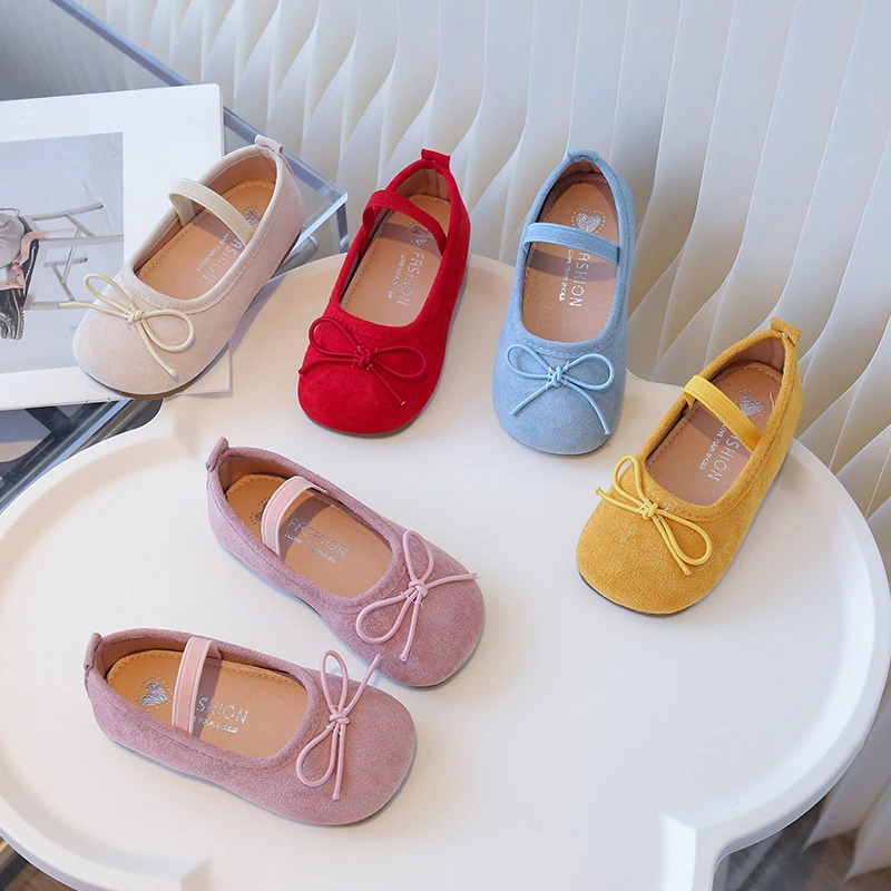 Little Girl'S Princess Shoes Candy Color Bowtie Elastic Band Kids Flat Shoe Suede Sweet Slip-On Comfy Autumn Children Shoe 21-30