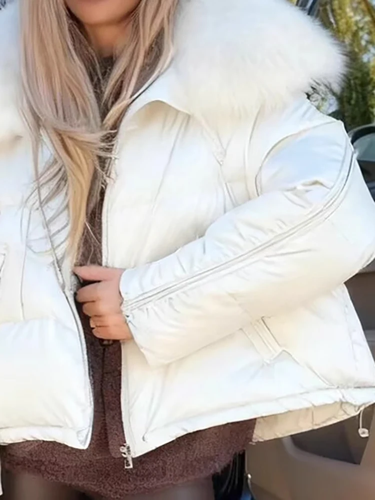 

Lady Fashion Thick Zipper Solid Short Coat Casual Fur Collar Long Sleeve Pocket Outwear Autumn Winter Elegant Warm Padded Jacket