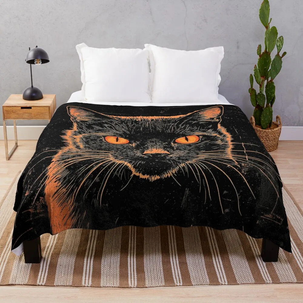 Spooky Black Cat with Glowing Eyes Halloween Art Throw Blanket Bed linens Multi-Purpose Decorative Beds Loose Blankets