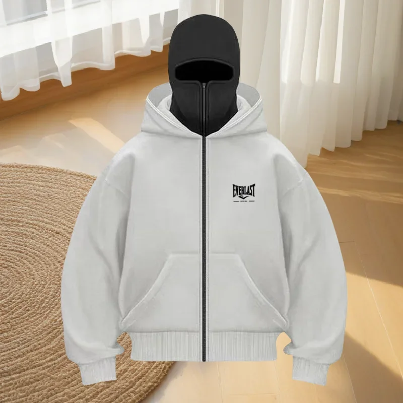 Men's new autumn and winter warm outdoor fitness street hoodie, loose mask pullover, fashionable and casual zipper hoodie