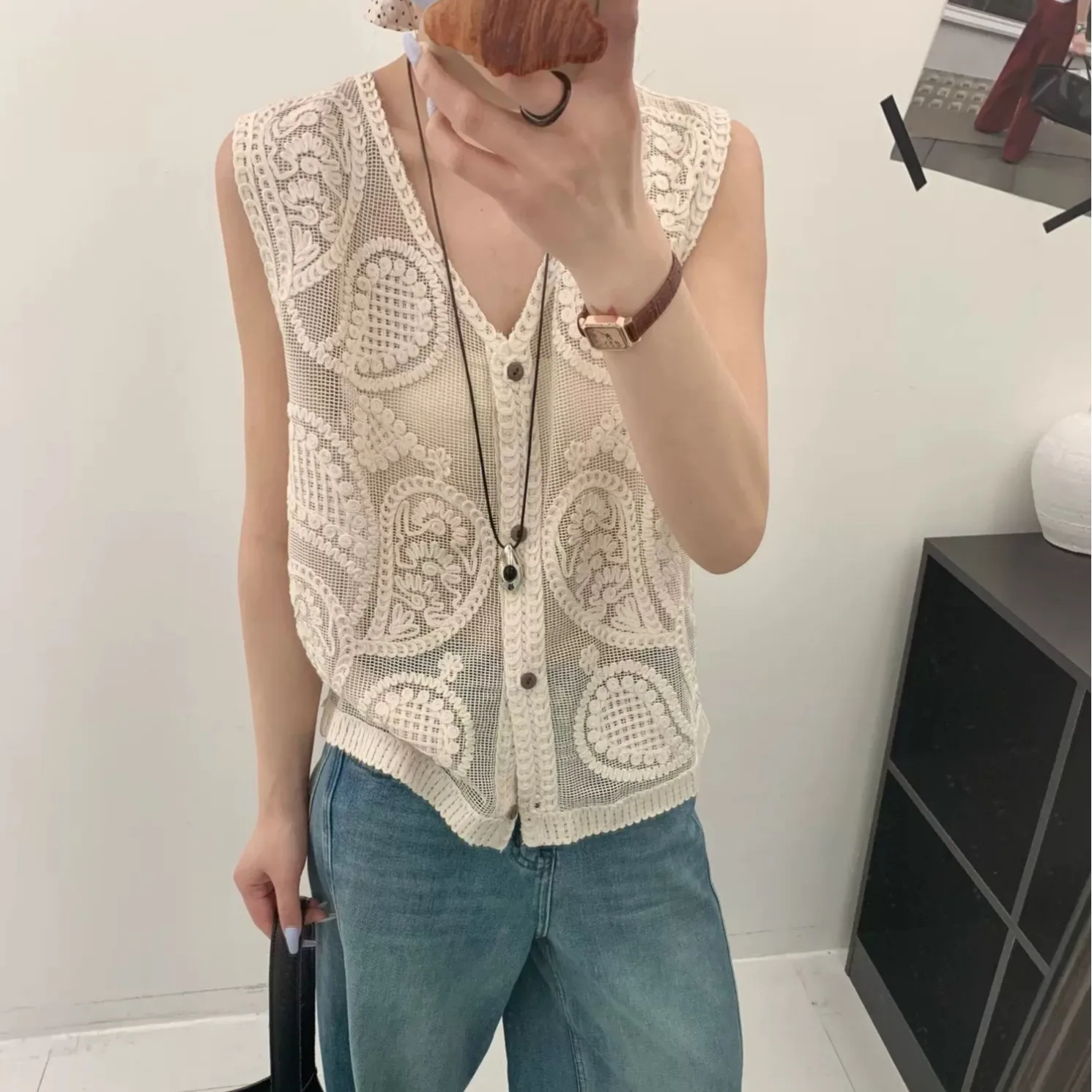 Paisley Crochet Vest Sheer Openwork Lace Knit Button Down Waistcoat Summer Beach Cover Up Retro Boho Hippie Cottagecore