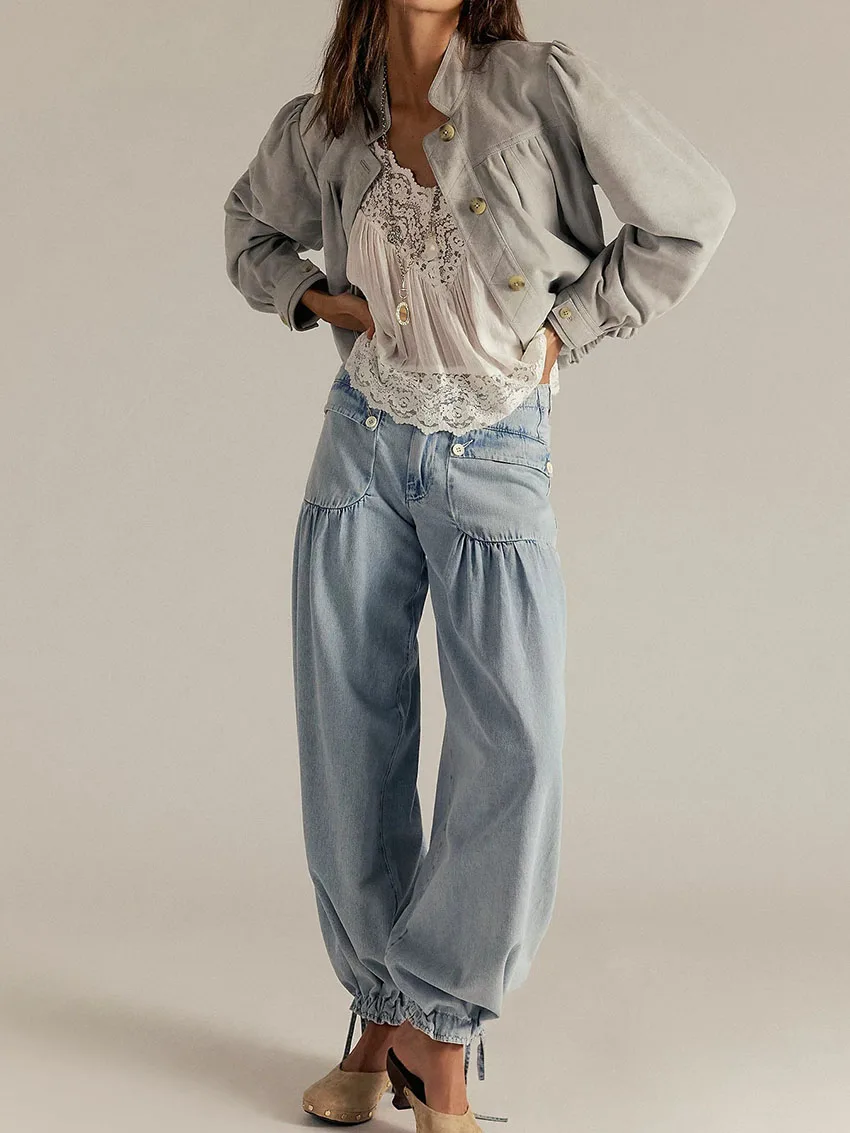 

Женские джинсы с плиссировкой и эффектом потертости, со средней посадкой, модные, на все сезоны, свободные прямые джинсы, повседневные широкие брюки-лотосы, женская уличная одежда