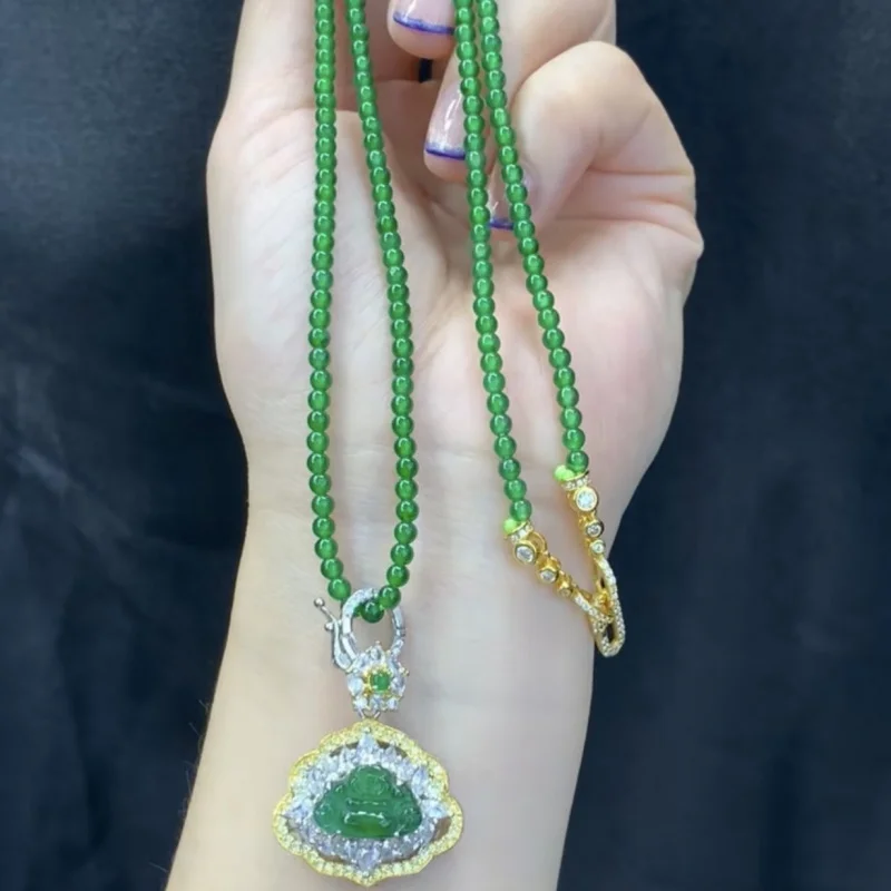 Natural Jadeite A Small Bead Necklace with S925 Silver Laughing Buddha Pendant