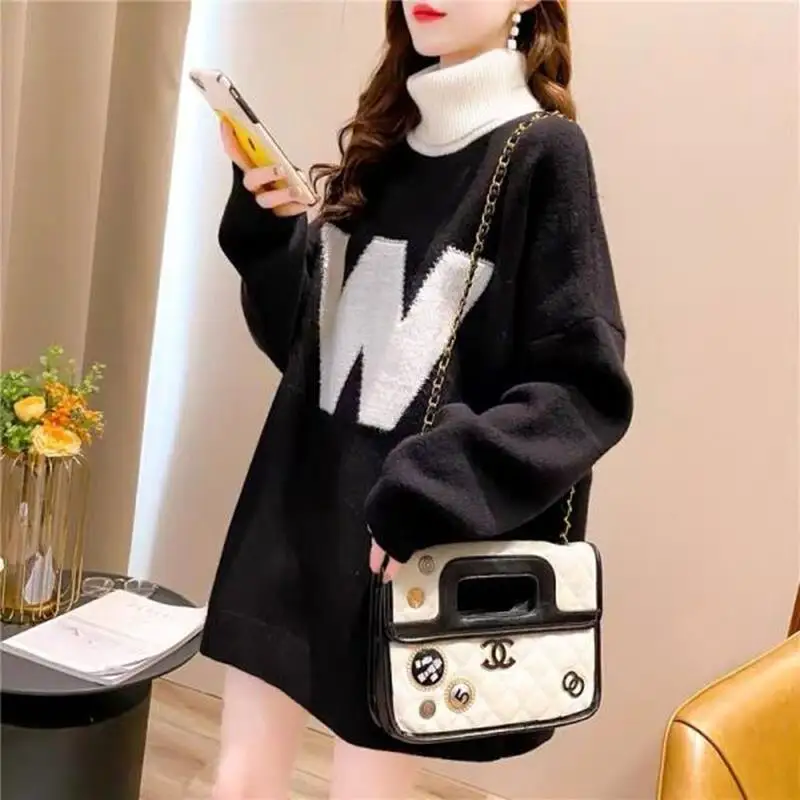 Korean Letter Knitted Jumpers Fashion Jacquard Weave Autumn Winter Casual Loose Women's Clothing Turtleneck Commute Sweaters New