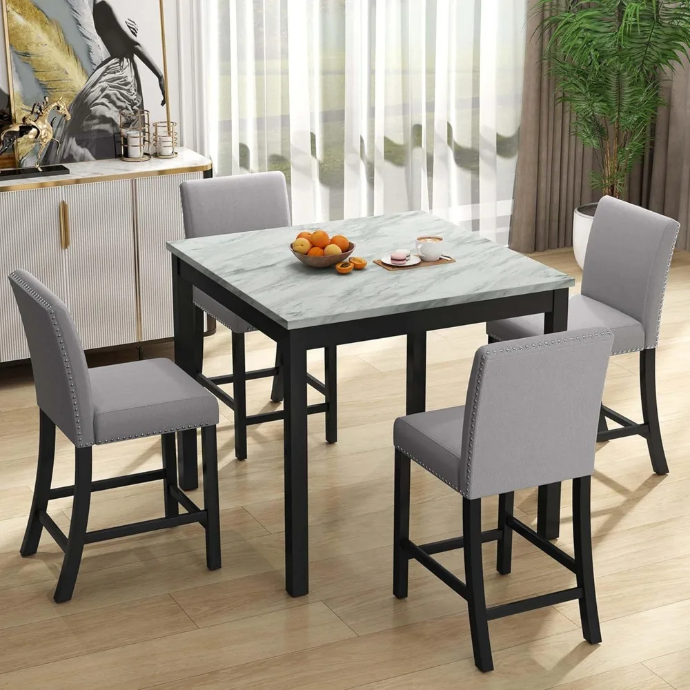 

5 Piece Dining Table Set with 4 Upholstered Chairs, Modern Counter Height Dining Table Set for 4 with Faux Marble Table