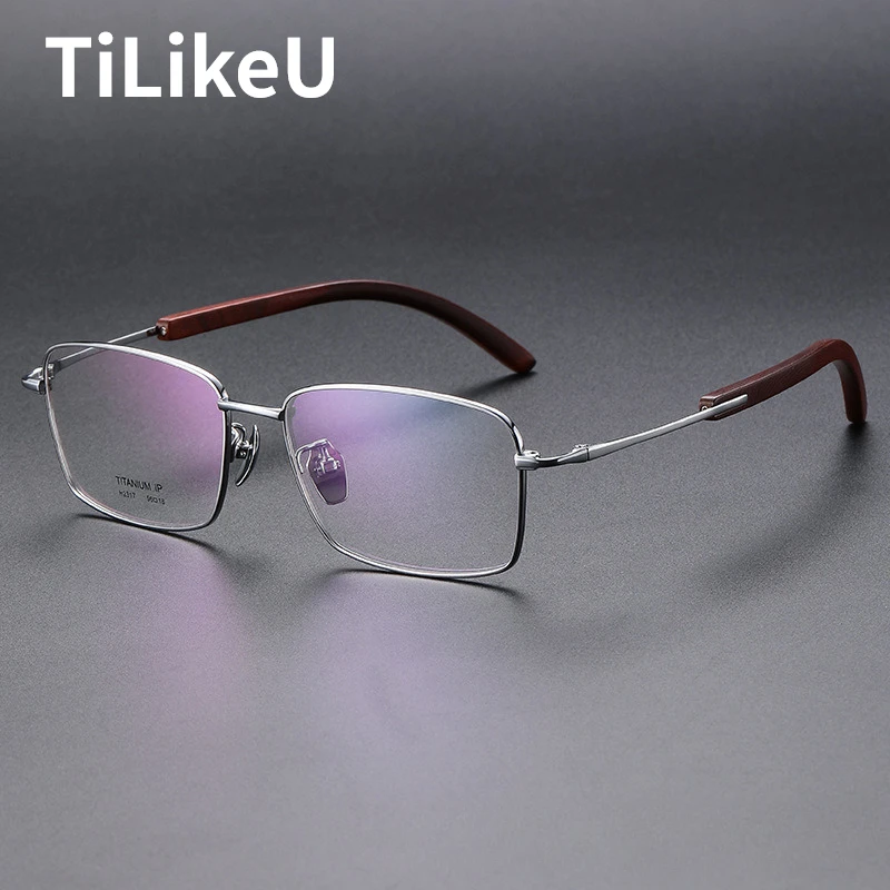 Wooden Mirror Legs Retro Square Pure Titanium Eyeglasses Frames Men Senior Full Rim Myopia Reading Glasses Frames Male Spectacle