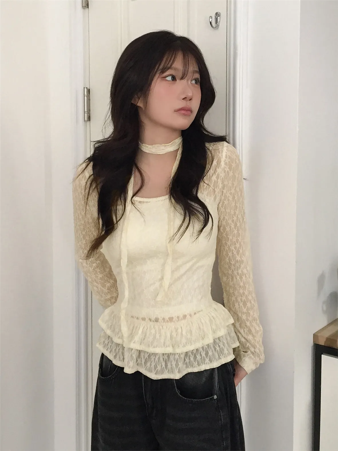 

Женский круглый кружевной шарф Ne Top Lotus Le Design Long Sve Pure Color Faionable Casual Sle для осеннего сезона