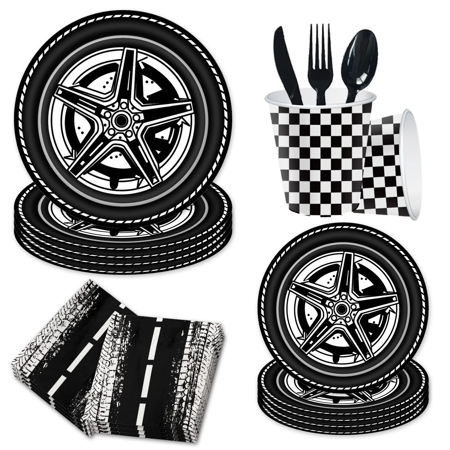 8Guests Racing Tires Disposable Tableware Black Tires Plates Napkins Racing Tires Theme Happy Birthday Party Decor Kids Boy 1 2