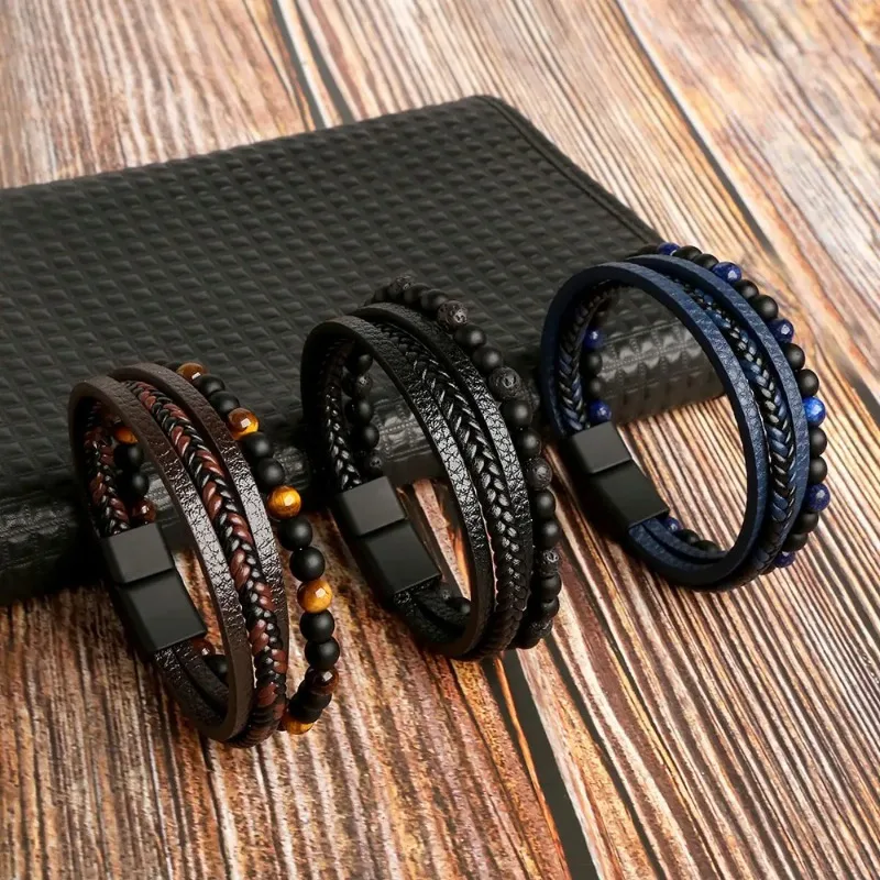 Pulseira obsidiana natural masculina, pulseiras de tecido casual, em camadas versáteis, artesanal, joias masculinas punk, na moda