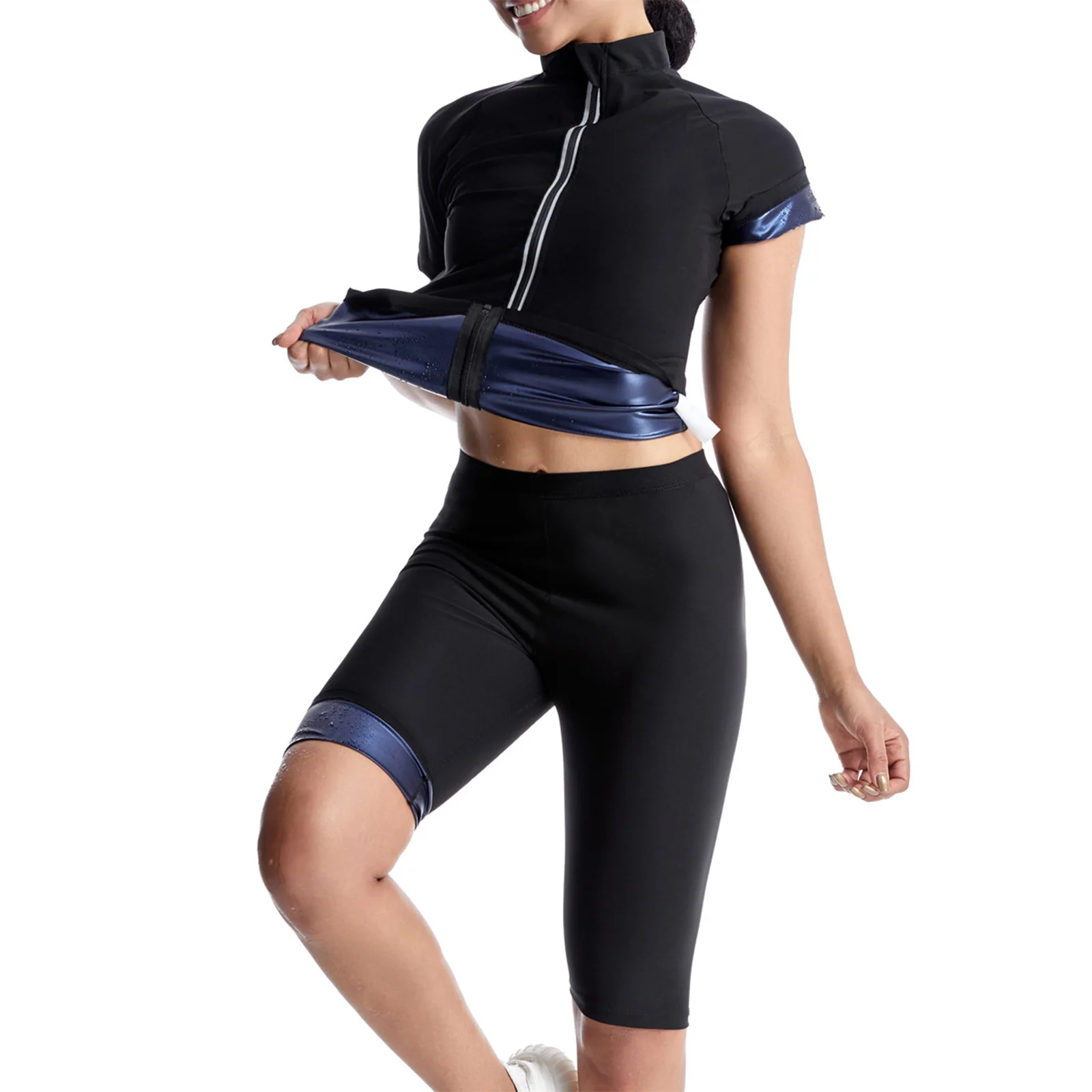 

Women Sauna Suit Sweat Body Shaper Outfit Short Sleeve Zipper Jacket with Knee Length Shorts Gym Yoga Workout Fitness Sportswear