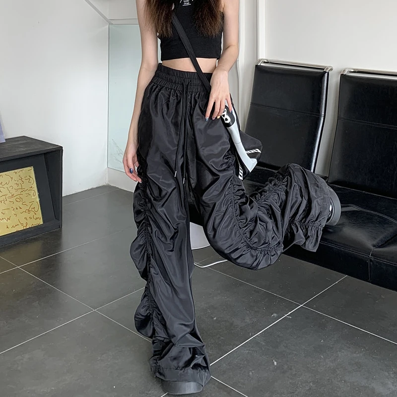 American Vintage Black Pleated Wide Leg Pants Women Fashion Design New High Waist Elastic Baggy Trousers Female