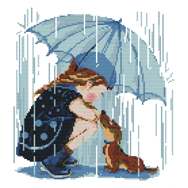 Joy Sunday Cross Stitch Kit, Girl with Dog, Printed Cross Stitch Kits Patterns, 16CT, 14CT, 11CT, Embroidery Kit Set