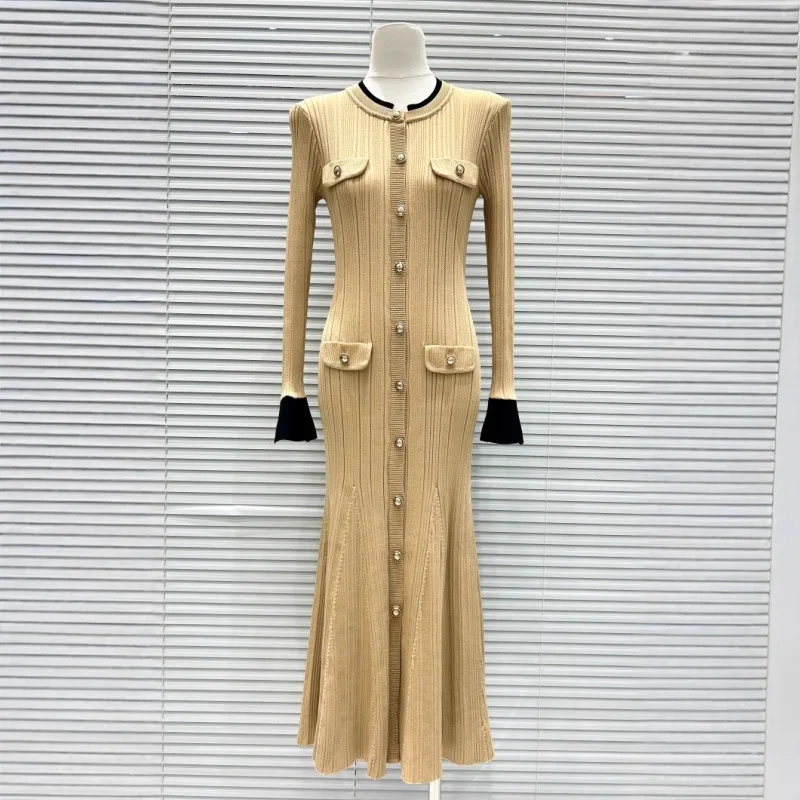 

Women's black V-neck dress knitted single-breasted slim-fit patchwork maxi dress