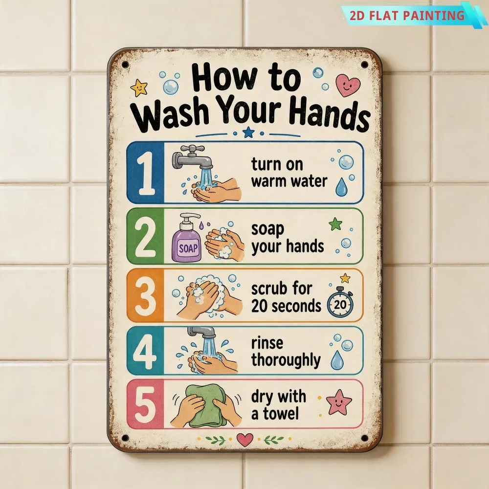 2D Flat, Decorative Signs & Plaques 2D FlatDecorative Signs And Plaques How to Wash Your Hands Sign, Kids Bathroom Wall Decor fo