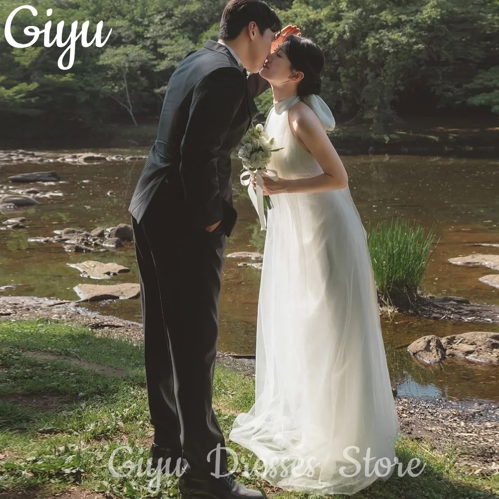 

Giyu Simple Halter Bow Korea A-Line Wedding Dresses 웨딩드레스 Tulle Ivory Sleeveless Korea Photoshoot Customized Bridal Gown 2025