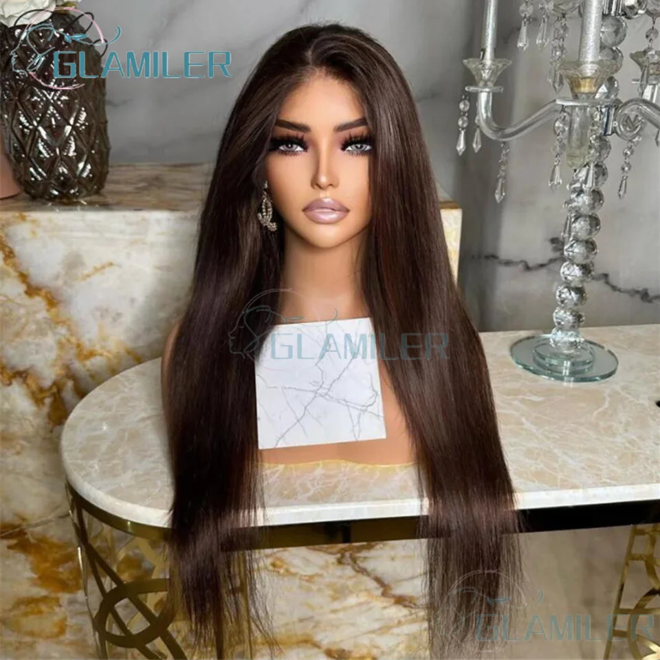 13x4 Chocolate Brown Straight 13x4 Silk Top Lace Front Wigs Human Hair Pre Plucked Brown Bleached 5x5 Silk Base Closure Wigs