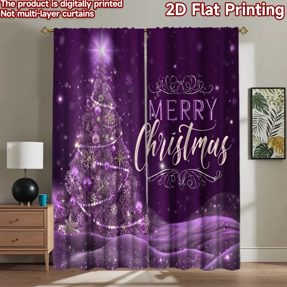 2D flat 2pcs Curtain Modern Minimalist Style Christmas Purple Tree Digitally printed polyester, colorfast Festive Holiday for