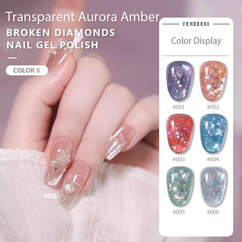 

Vendeeni 6 Colors Transparent Aurora Broken Diamond Gel Nail Polish UV Soak Off Gel Lacquer Sparkling Gel Varnish For Nail Art