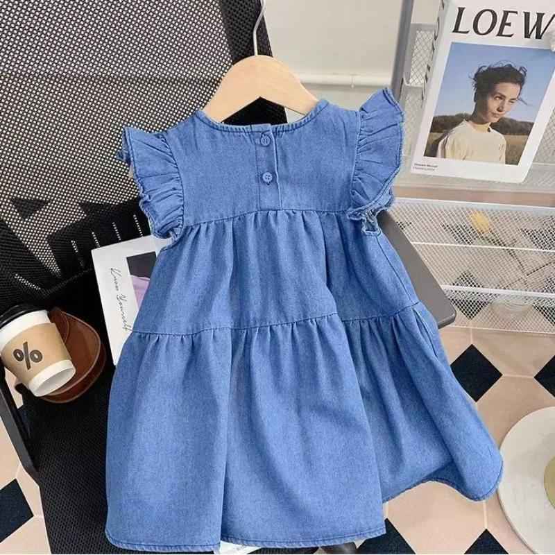 Girls' Denim Dress 2025 Summer New Item Baby Short Sleeved Bow Denim Skirt Children's Loose Casual Princess Skirt 1-5Y