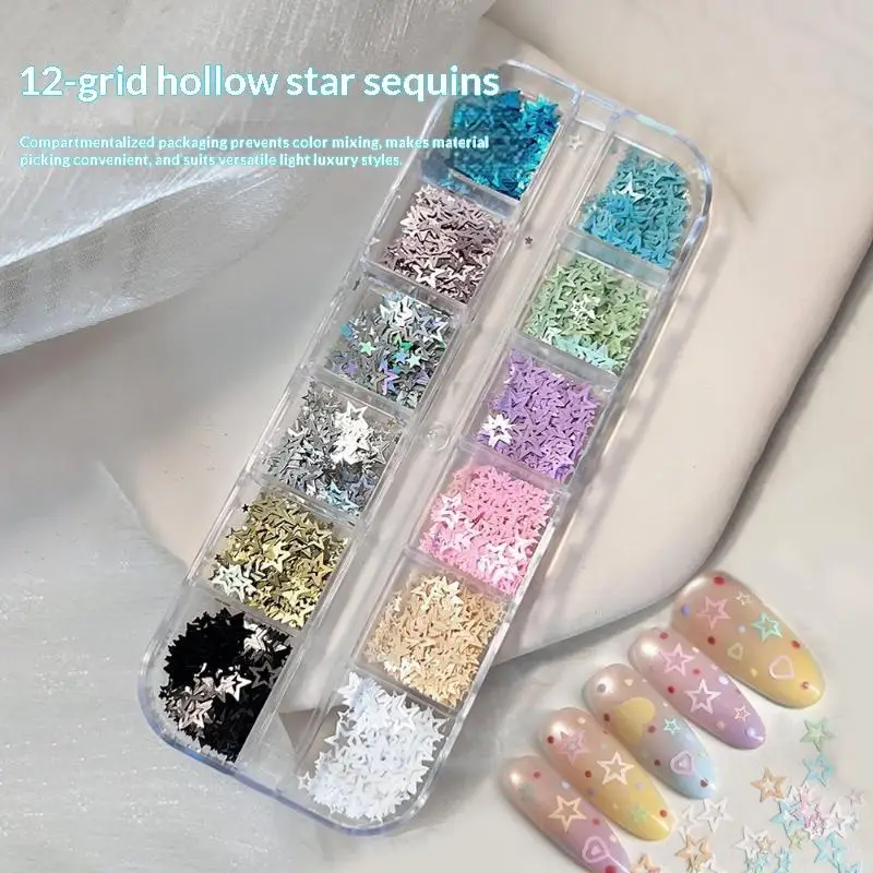 1 Set 12 Grids Hollow Star Nail Art Glitter Sequins Multiple Colors Individual Compartments For DIY And Salon Nail Art Use