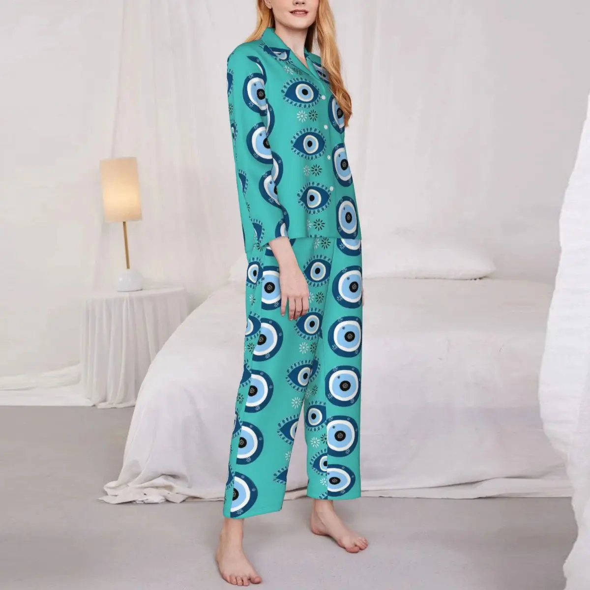 Zestaw piżam z nadrukiem złego oka Wiosna Abstrakcyjne oczy Urocza bielizna nocna dla kobiet 2-częściowy Casual Oversized Graphic Home Suit Present