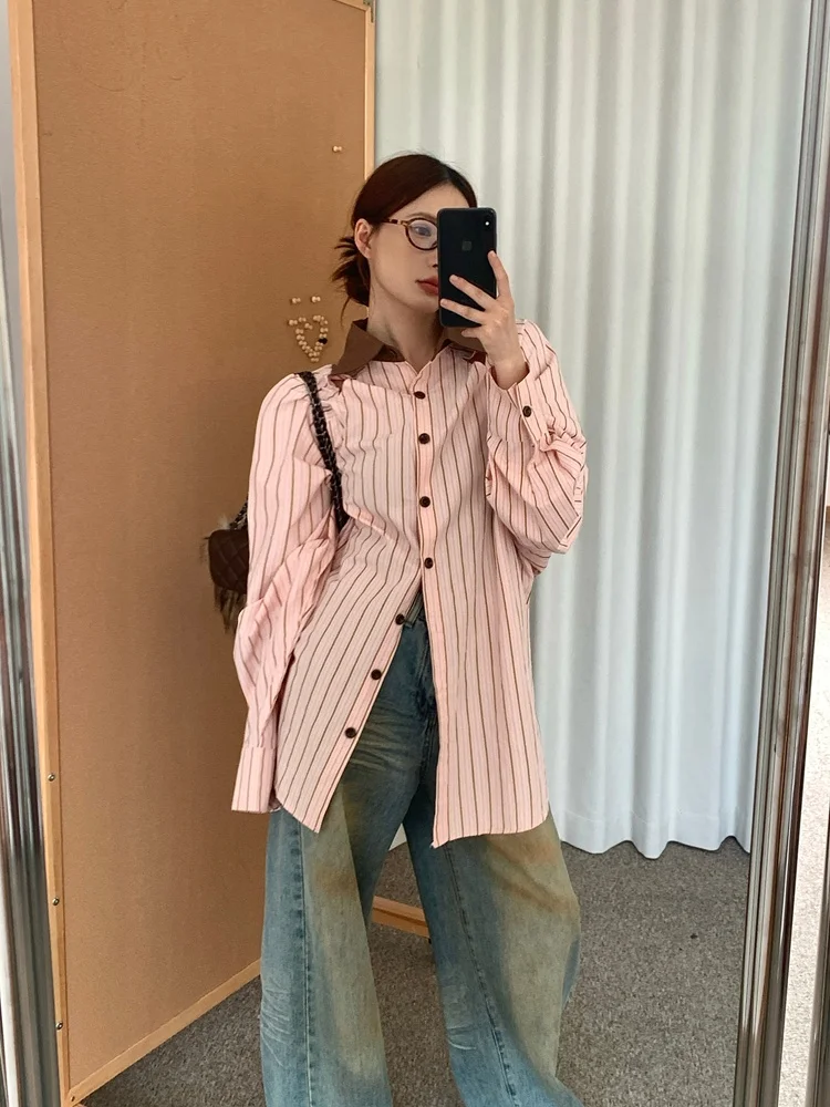 

Vcansy Retro Striped Long Sve Loose irt Faionable Color Blo Hollow out Design Korean Sle Cotton Women's Top