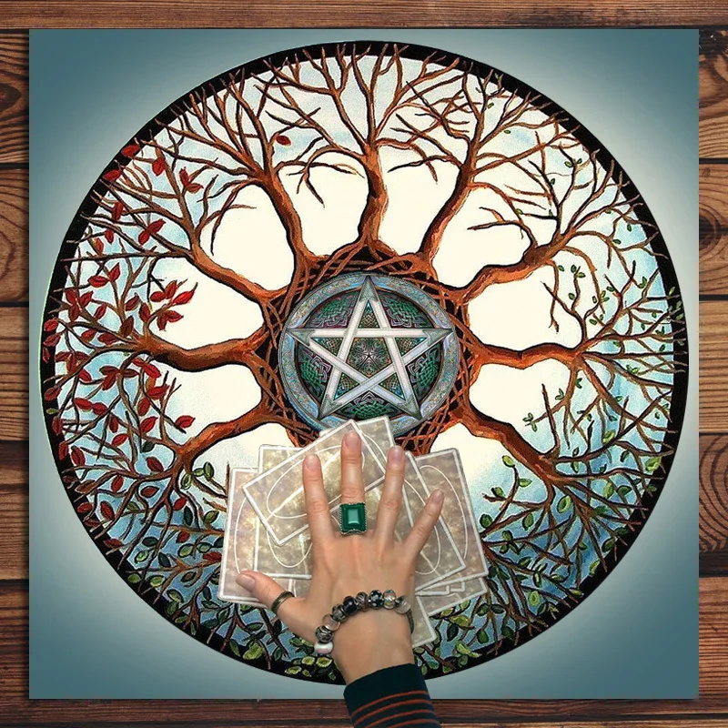 1pc Tree of Life Tarot Tablecloth, Five‑Pointed Star Design, Card Mat, Artistic Home Decor Table Cover