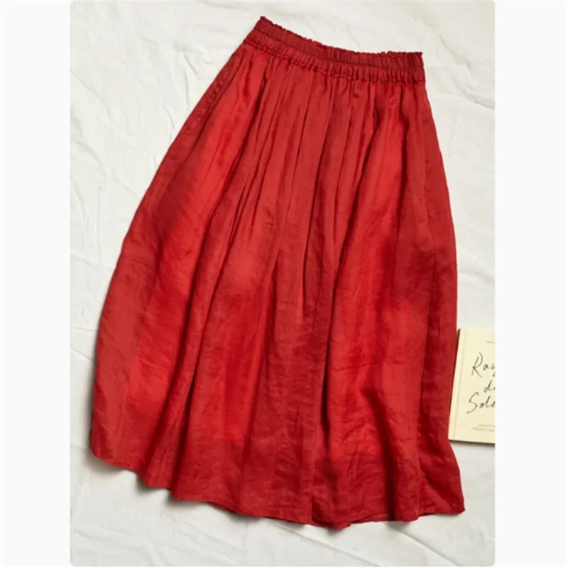 Summer Double-Layer Ramie Skirt Women Literary Red A-line Midi Skirt Versatile High Waist Loose Half Skirt Causal