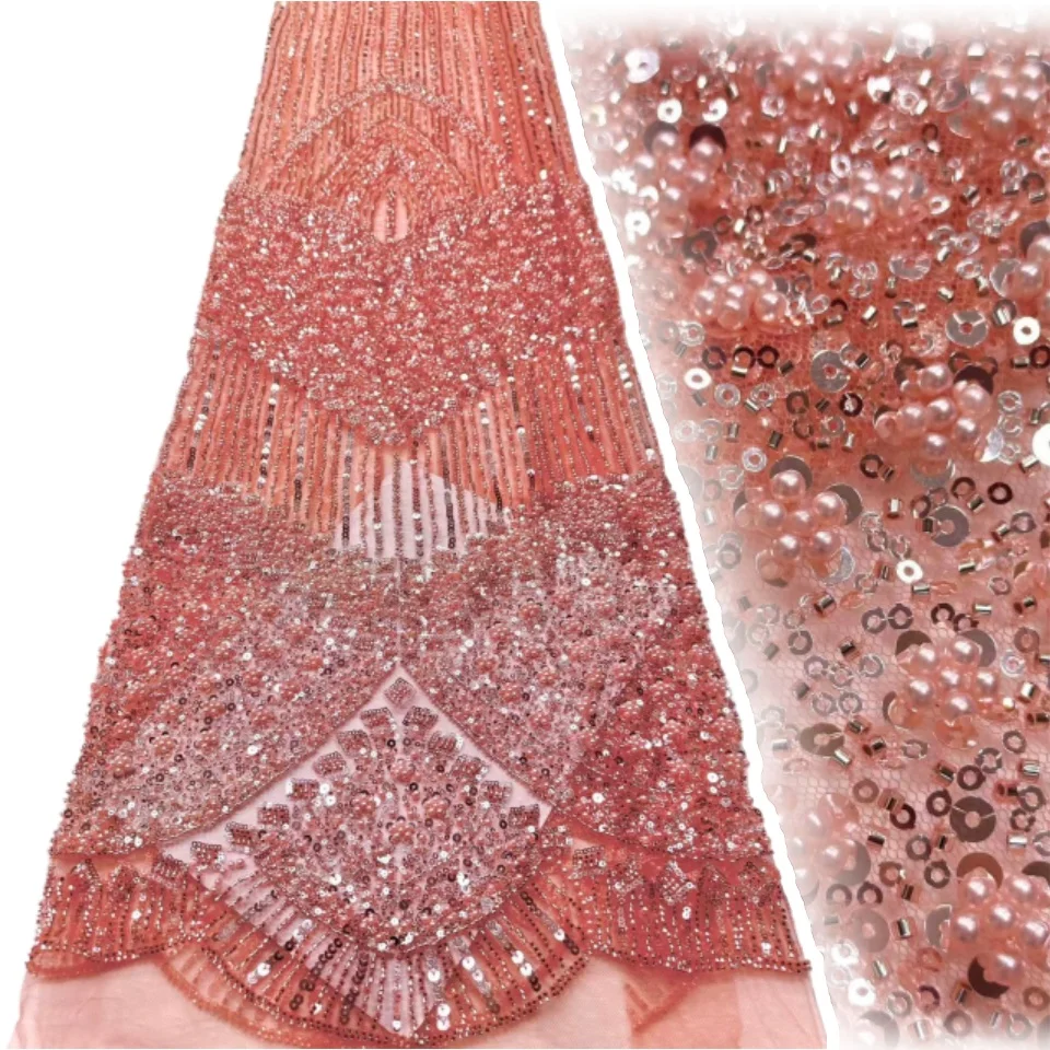 

Розовая элегантная африканская тяжелая кружевная ткань с блестками, французская сетка, кружевная ткань для шитья свадебных платьев, 5 ярдов, TP1416