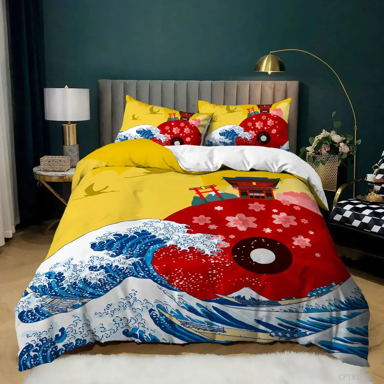 3D Japanese Duvet Cover Set Microfiber Sea Wave Cherry Blossoms Comforter Cover Japan Culture Oriental Art Twin Bedding Set