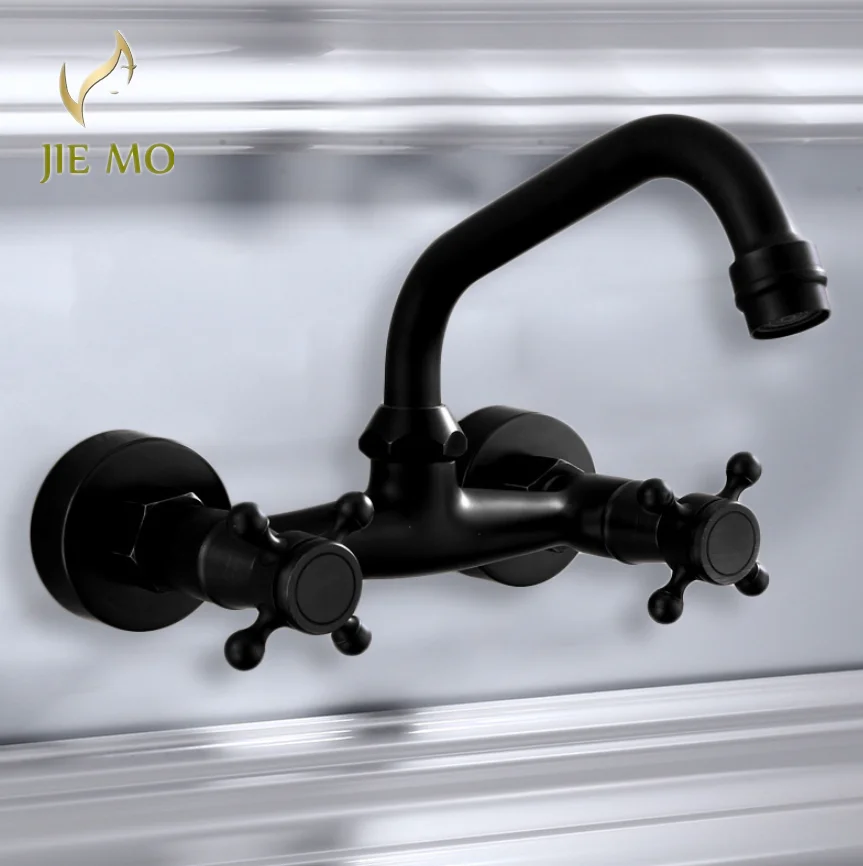 

Brass black European-style bathtub hot and cold water faucet, bathroom hardware wall-mounted balcony 360-degree rotating faucet