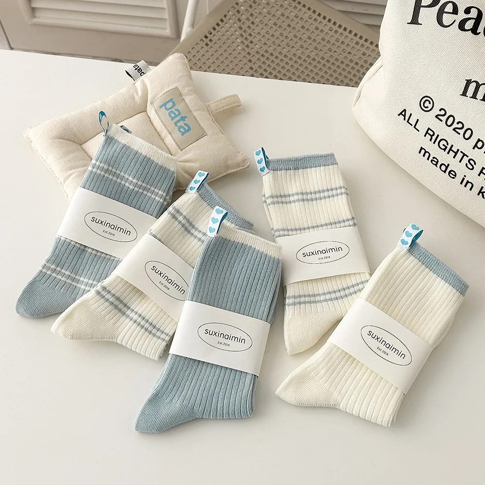 

Casual Cotton Women Socks Mixed-color Blue Striped Middle Tube Socks Breathable Pile Socks Spring and Autumn
