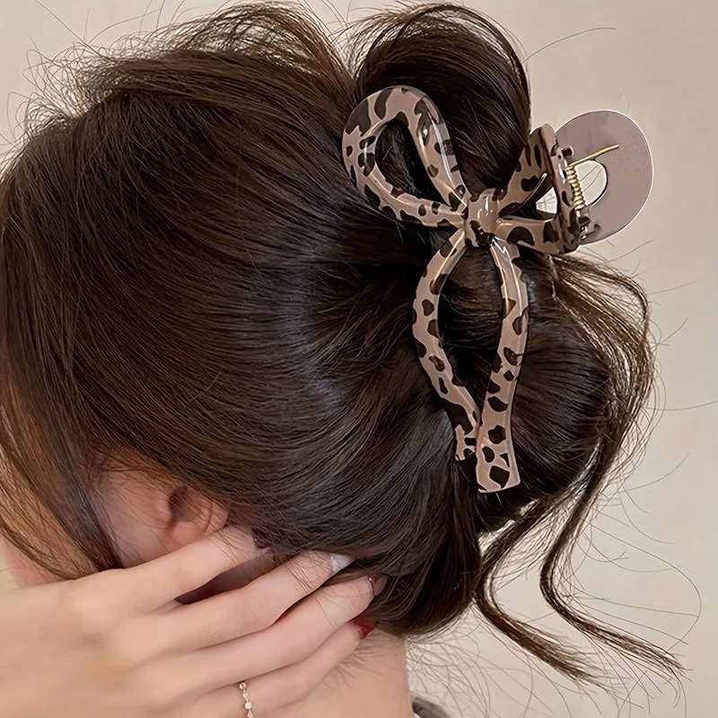 2Pcs Large Geometric Hair Clip, Elegant Leopard Print Bow Design, Color Mixing Plastic Hair Accessories, Valentine's Day Hair Ac