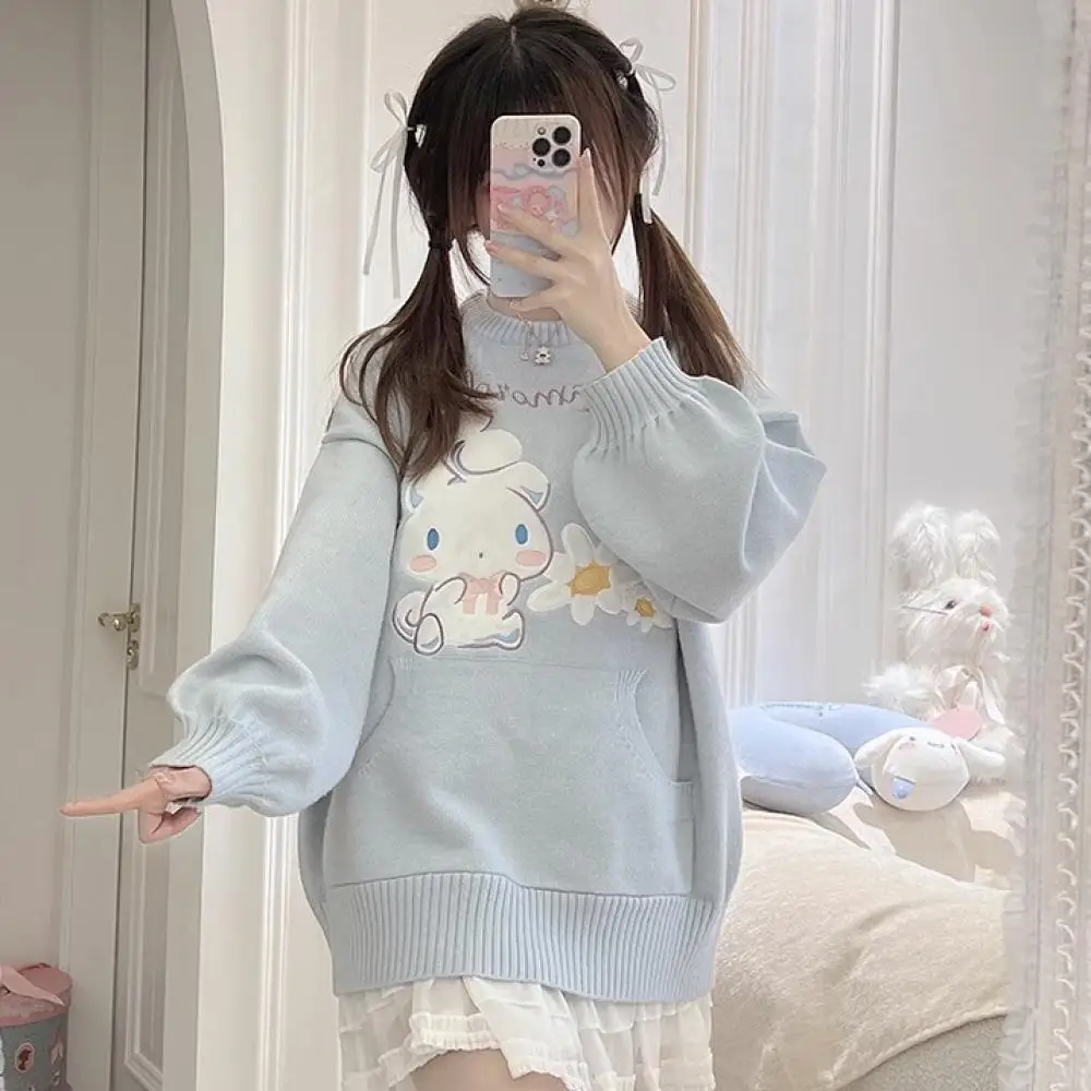 Anime Sanrio Cinnamoroll Girl Embroidery Sweater Spring Autumn Cartoon Cute Loose and Sweet Knitted Tops Long Sleeves Gifts