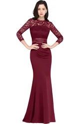 Lace Mermaid Long Evening Dresses For Women Burgundy Red Elegant 3/4 Sleeve Prom Party Gown Formal Occasion Bride Robe De Soiree