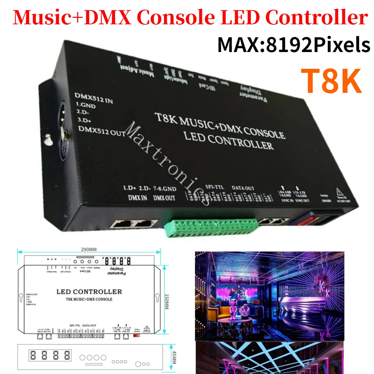 8CH Port Music+DMX Console LED Controller T8K RGBIC SPI-TTL With Mic in/Aux in for WS2812 WS2813 WS2815 WS2811 Led Strip/Module