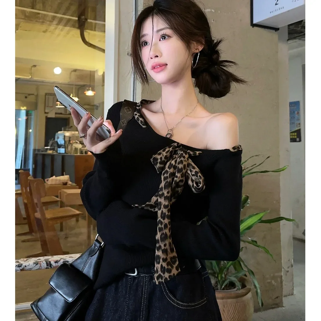 Leopard Print Modal Women's Top Full Sleeve Black Long Sleeve T-Shirt Trendy Early Autumn One-Row Collar Decoration-Free