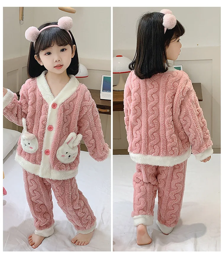 Herbst-Winter-Kleinkind-Mädchen-Flanell-Pyjama-Sets Kinder Süßer Hase Verdickte Warme Strickjacke+Hose 2-teiliges Baby-Loungewear-Outfit – Detail 7