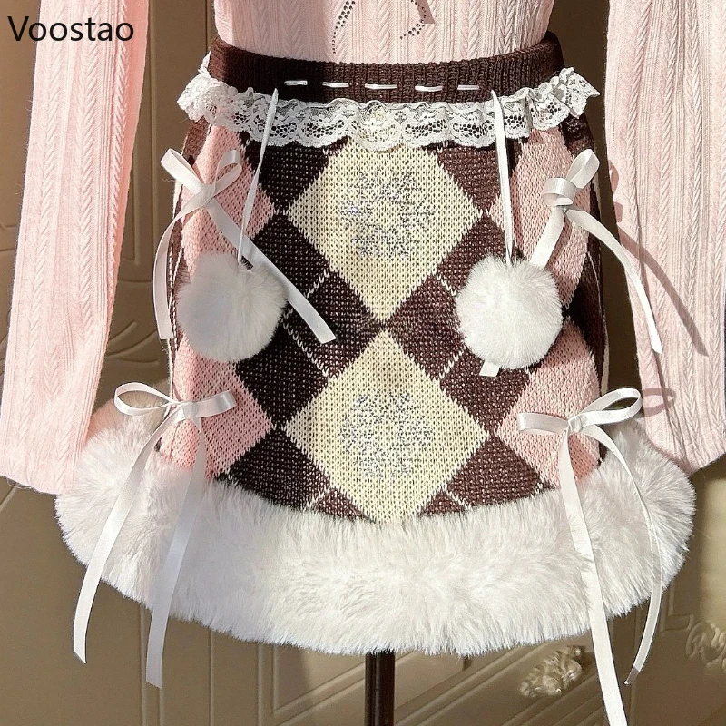 

Японская клетчатая вязаная юбка Kawaii Lolita, женская милая кружевная юбка с оборками, плюшевые лоскутные мини-юбки, корейская Y2k, милая сказочная юбка 2025