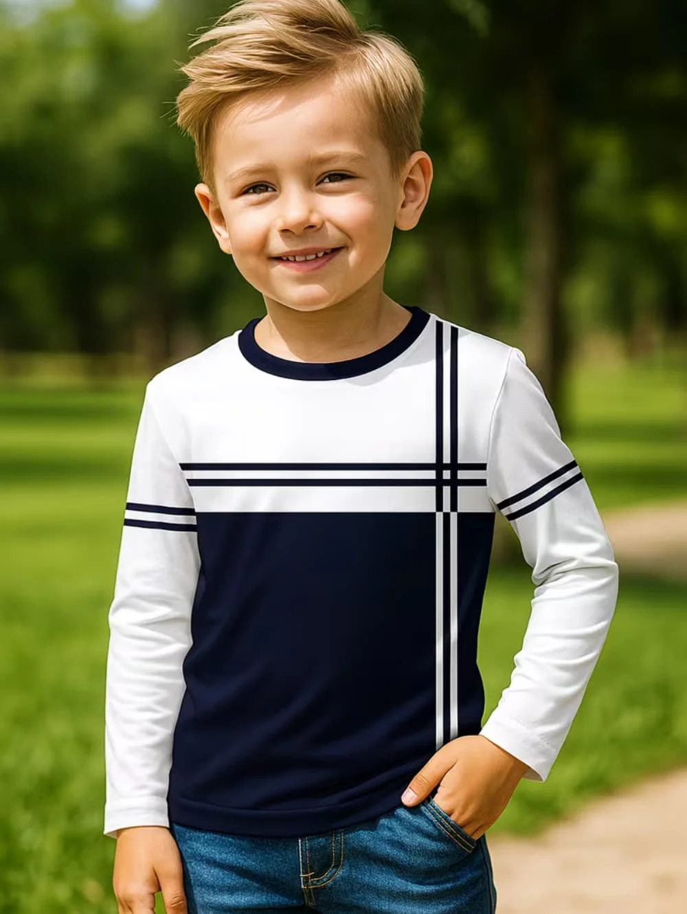 Autumn Classic Boys T-Shirt Outdoor Round Neck Long Sleeves Top Stripe 3D Print Street Loose T-Shirt Comfort Children's Clothing