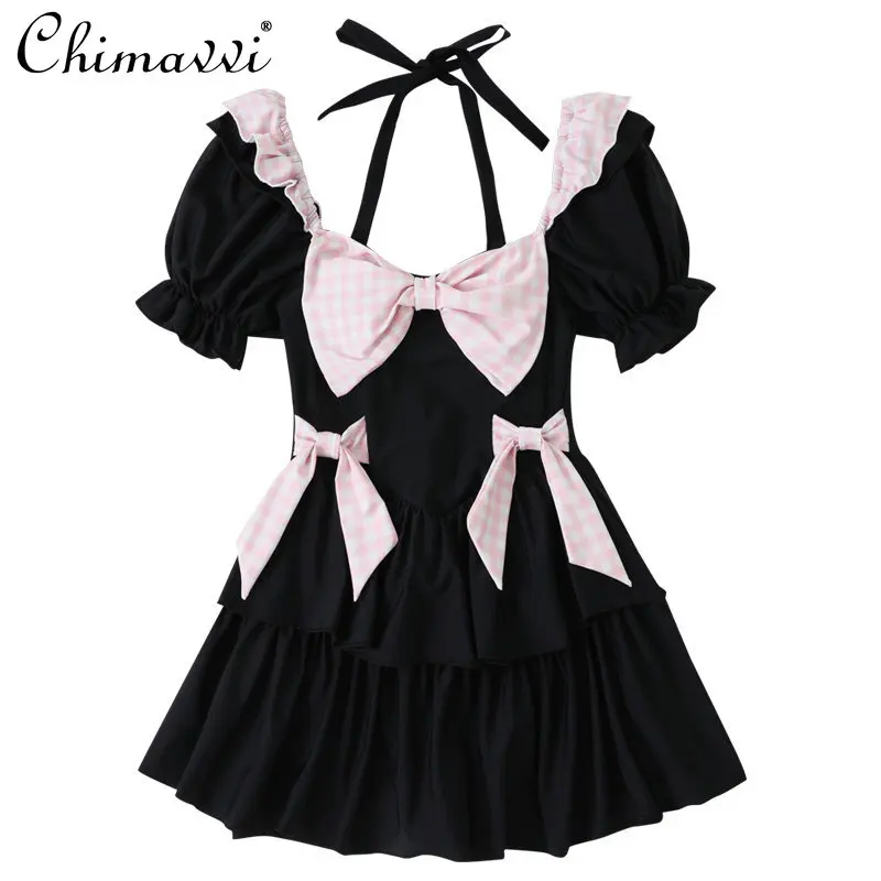 Japanese Style Soft Girl One-piece Swimsuit Sweet Lolita Summer New Cute Girls Retro Black Student Flat-front Swimwear