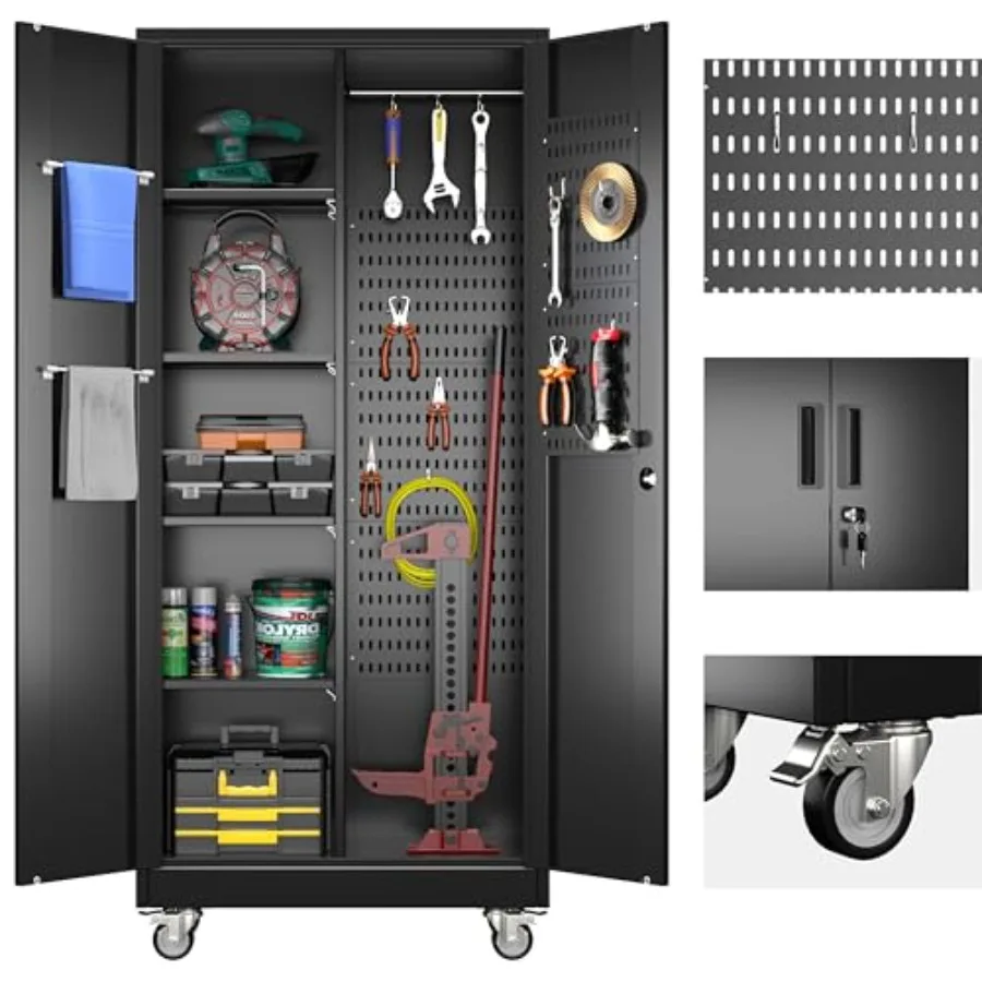 

Broom Closet Storage Cabinet with Wheels and Pegboard Metal Garage Storage Cabinet with Doors and Adjustable Shelves for Garage