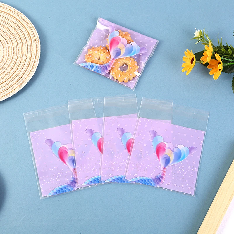 100Pcs Purple OPP Gift Bag Mermaid Tail Pattern Square Self-sealing Bags For Birthday Baby Shower Wedding Party Gifts Decor Bags