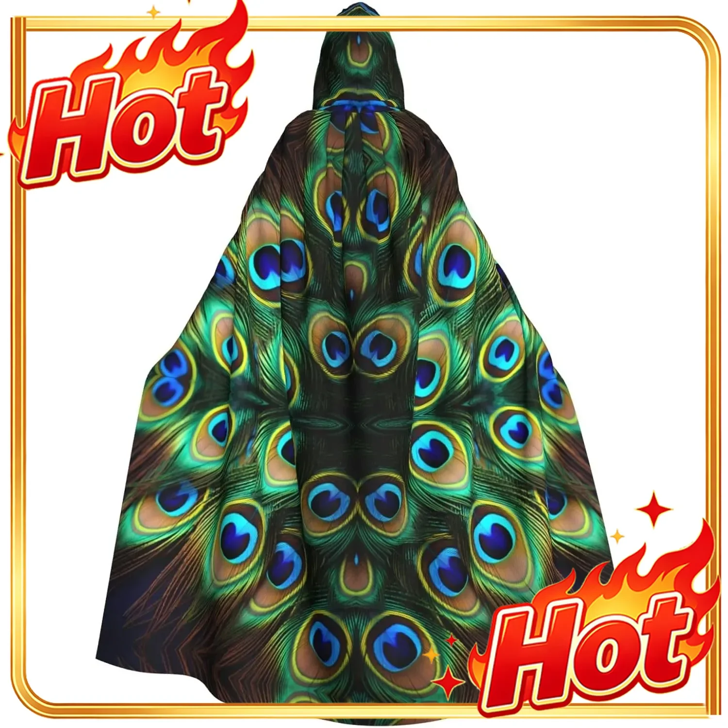 Halloween Adult Hooded Cape Cloak Peacock Feathers Picture Super Large Hooded Cloak with Bow Tie