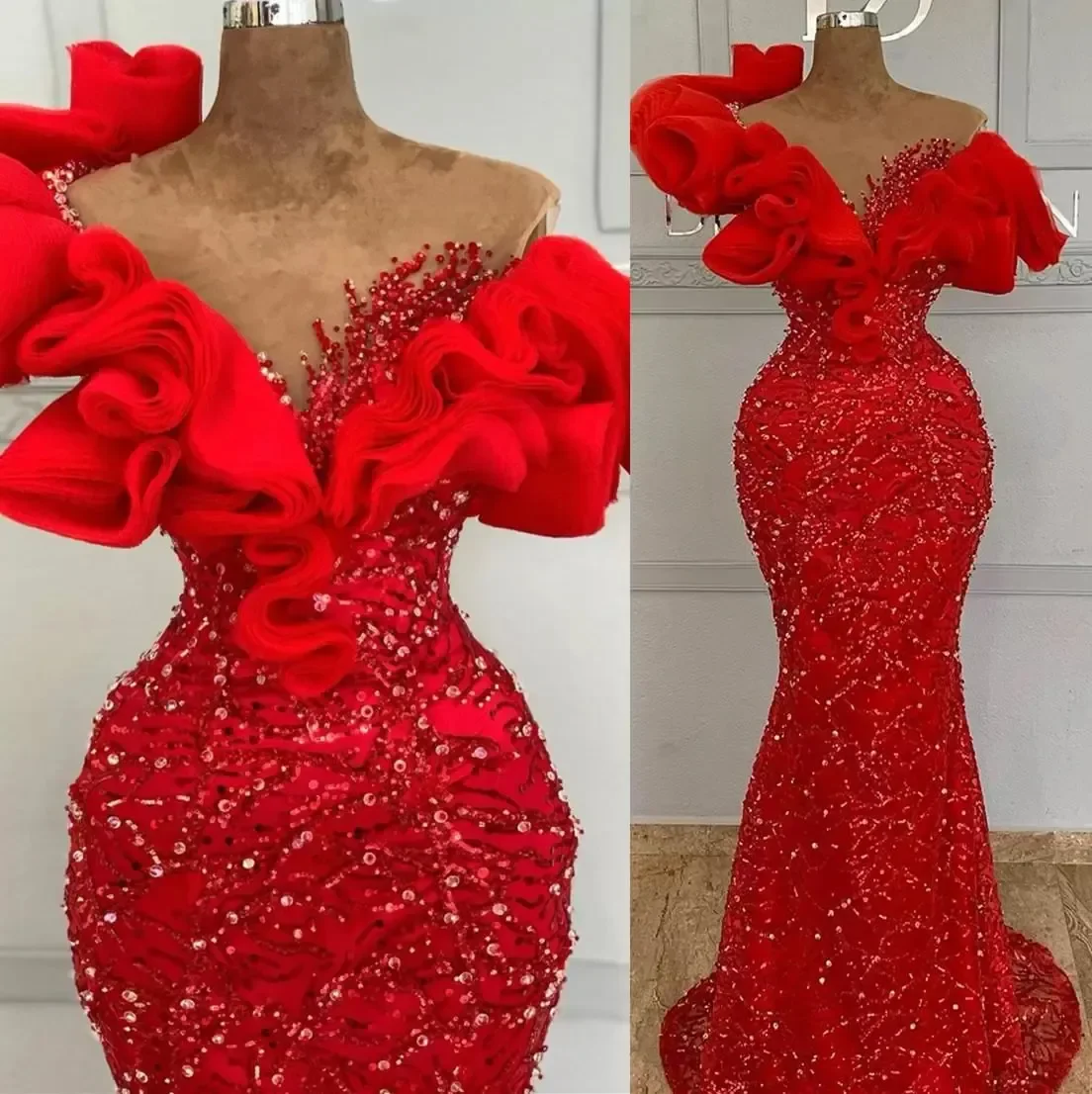 Aso Ebi gaun Prom putri duyung ruffle Off bahu payet berkilau merah gaun malam Formal kontes Afrika pakaian acara khusus