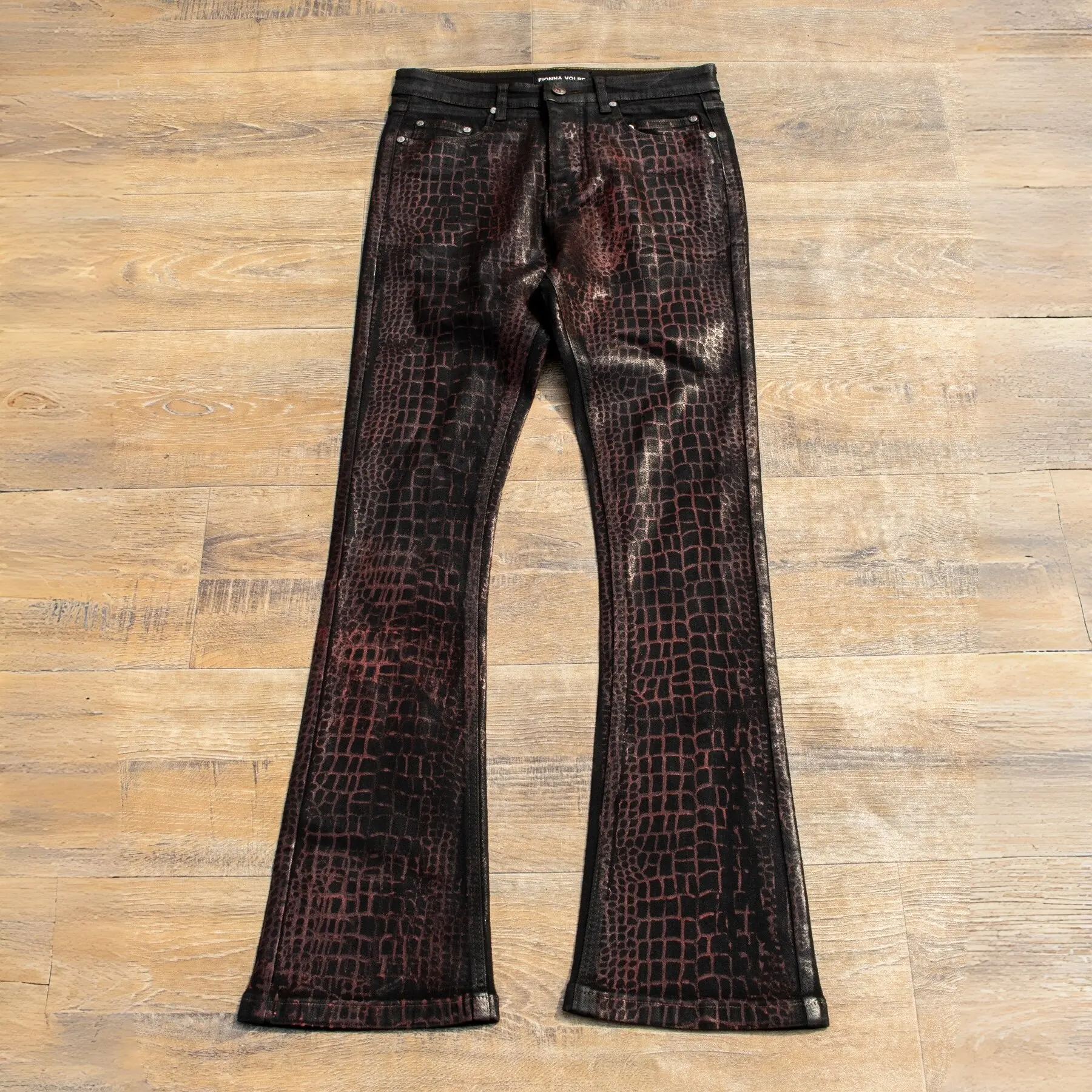 Mens Black Waxed Coated Jeans Red Paint Texture Fit Slight Flare Denim Pants for Alternative Streetwear Looks