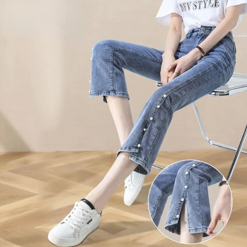 Women's High Waist Jeans with Pockets for Office Lady Summer 2023 Thin Beaded Split Flared Pants Skinny Capri Pants