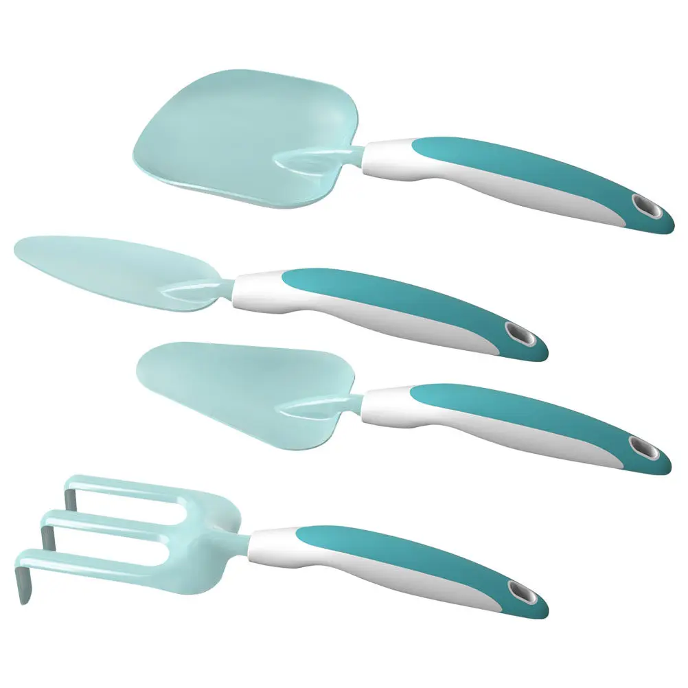 4個入り子供用植栽ツールセット-カラフルなガーデンシャベルと熊手-屋外ガーデニング、花の植え付け、ビーチ遊びに最適-快適なハンドル付き